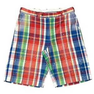 Vintage POLO Ralph Lauren BUCKLE-BACK Chino Shorts Plaid Paint-Splatter sz 31